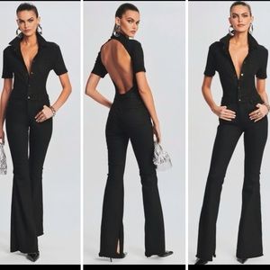 NWT SER.O.YA Lyla Coated Denim Backless Wide Leg Jumpsuit Black Sz L